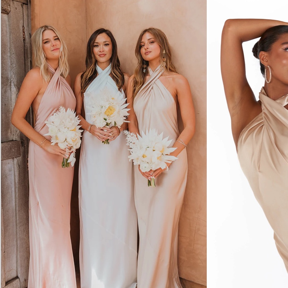 ShowMeYourMumu Jasmine Halter Maxi Dress—size small—color champnage lux satin